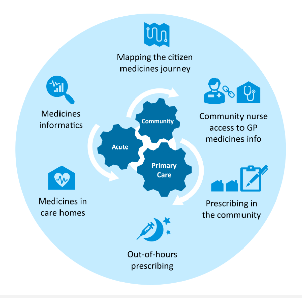 Infographic of cogs in centre showing acute, community and primary care surrounded by mapping the citizens medicines journey, community nurse access to GP medicines info, prescribing in the community, out of hours prescribing, medicines in the care home and medicines information
