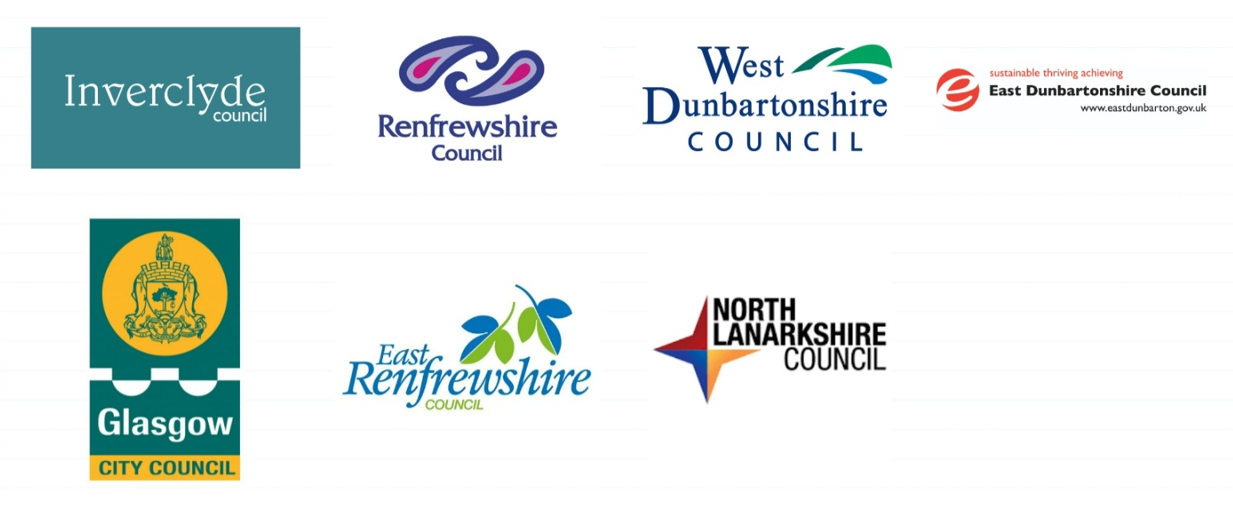 Council Logos for the following councils (Left to right): Inverclyde, Renfrewshire, West Dunbartonshire, East Dunbartonshire, Glasgow City, East Renfrewshire, North Lanarkshire.