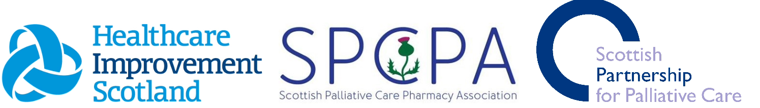 Logos for Healthcare Improvement Scotland, Scottish Palliative Care Pharmacy Association, Scottish Partnership for Palliative Care