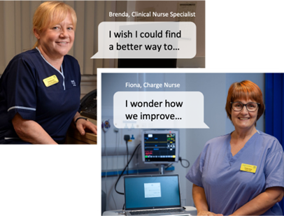 Picture of Brenda, Clinical Nurse Specialist with a speech bubble: I wish I could find a better way to...  Image of Fiona, Charge Nurse with a speech bubble of I wonder how we improve...