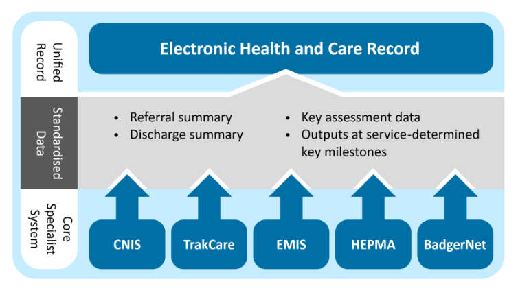 Infographic with electronic health and care record at the top.  Unified record, standardised data and core specialist system are to the left. Arrows containing CNIS, TrakCare, EMIS, HEPMA and BadgerNet feed into a box with referral summary, discharge summary, key assessment data and outputs at service-determined key milestones.  This leads to electronic health and care record.